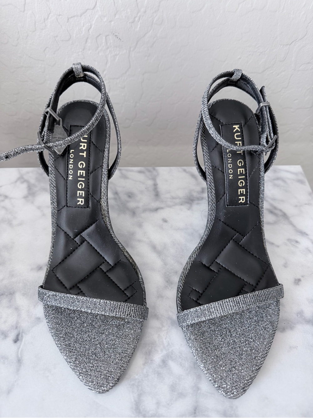 Kurt Geiger Silver Glitter Pointed Ankle-Strap Heels